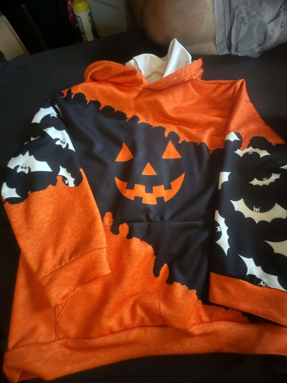 Orange and Black Pumpkin Face and Bat Print Halloween Pullover Hoodie